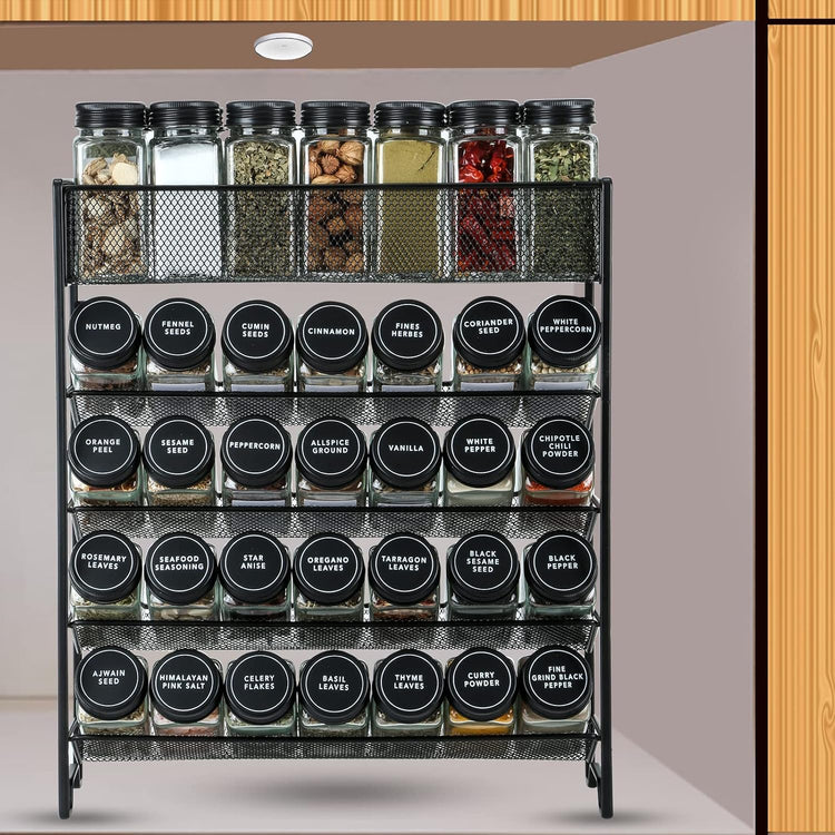 Spice Rack Organizer with 28 Spice Jars, Black Lids,Spice Labels, Chalk pen and Funnel Set for Cabinet, Countertop, Pantry, Cupboard or Wall Mount