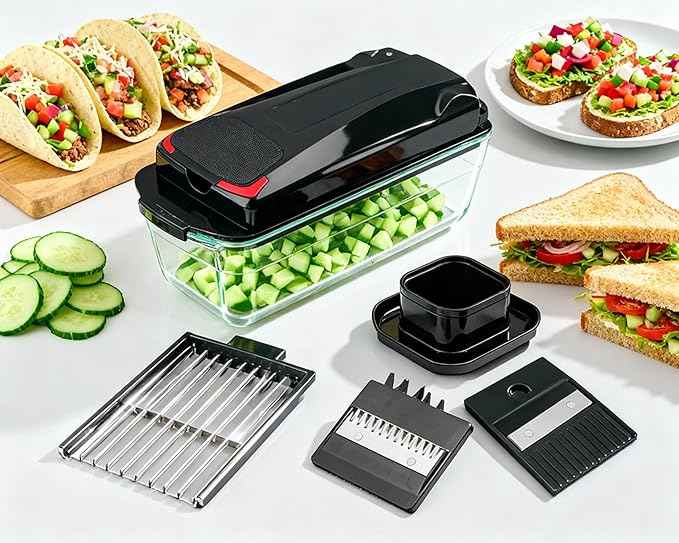 Le'raze 13-in-1 Vegetable Chopper Pro with Glass Container, Stainless Steel Blades, BPA-Free, Mandoline Slicer, Manual