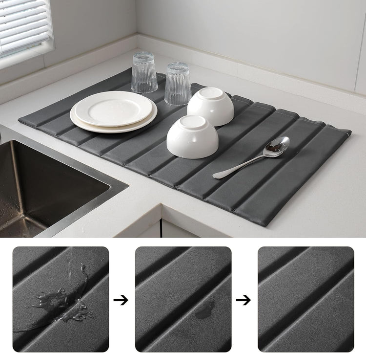 Stone Drying Mat for Kitchen Counter, Large Collapsible Diatomaceous Earth Supe Absorbent Quick Dry Stone Mat Kitchen,PU Leather Surface Removable and washable (Dark Gray, 23.6”x15.4”)
