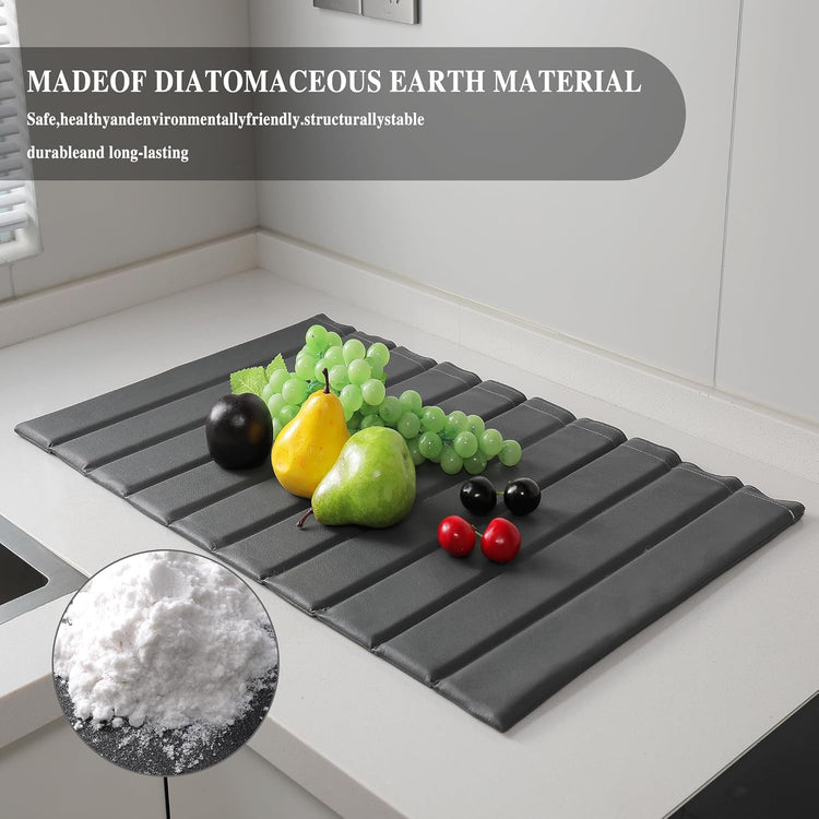 Stone Drying Mat for Kitchen Counter, Large Collapsible Diatomaceous Earth Supe Absorbent Quick Dry Stone Mat Kitchen,PU Leather Surface Removable and washable (Dark Gray, 23.6”x15.4”)