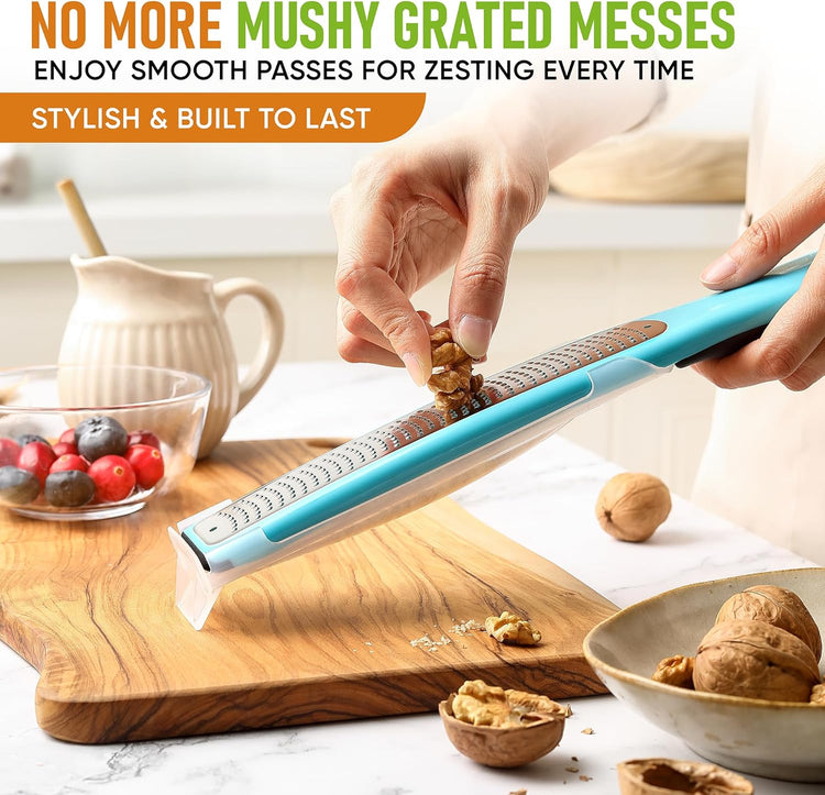 Spring Chef Premium Lemon Zester Grater with Handle - Fruits, Garlic, Chocolate, Nutmeg, Ginger Grater - Heavy Duty Kitchen Tool - Stainless Steel Citrus Zester with Blade Cover - Fine Shred, Aqua Sky