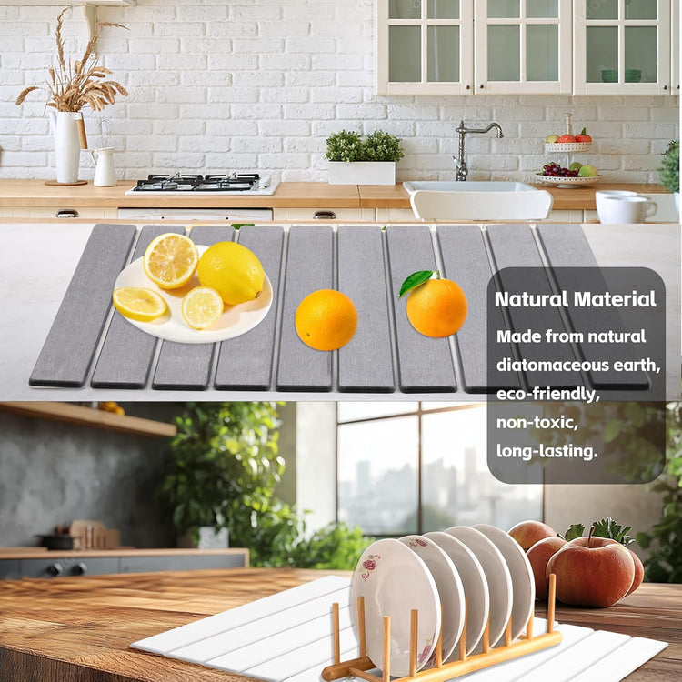 Quick Dry Collapsible Dish Drying Mat, Eco-Friendly Absorbent Diatomaceous Earth Mats for Dishes Bottles Cups 24"×16"Large Stone Dish Drying Mats for Kitchen Counter (Gray, 24"(L)×16"(W))