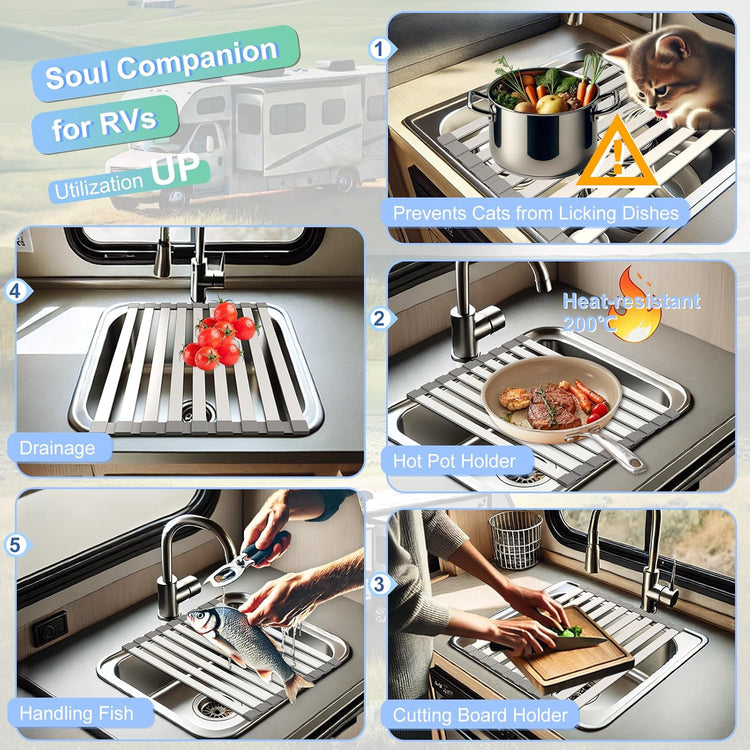 Mamakura Roll Up Dish Drying Rack Over The Sink,Multipurpose Foldable Sink Cutting Boards&Dish Rack for Kitchen,Aluminum Alloy Sink Rack Mat,21.85"x13.31",Grey