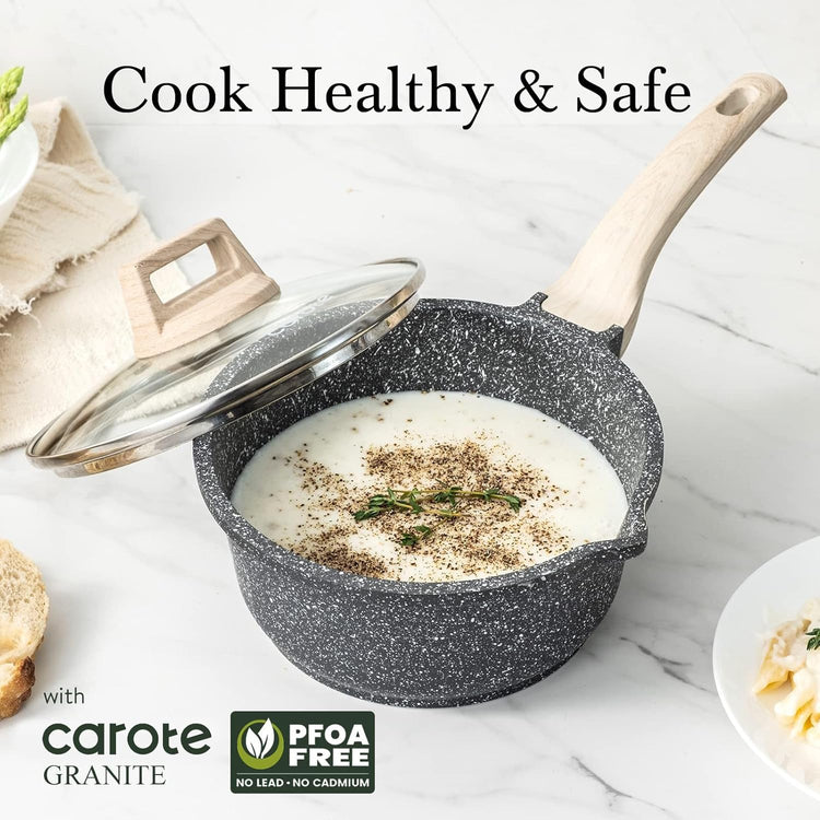 CAROTE 1.5Qt & 3.0Qt Sauce Pan Set with Lid Nonstick Saucepan 4 Pcs Non Stick Sauce Pots Cooking Pot with Pour Spout, Easy to Clean, Small Kitchen Pots Induction Pot, PFOA FREE (Class Granite)