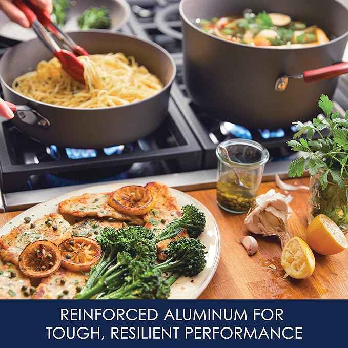 Rachael Ray - 87630 Rachael Ray Cucina Hard Anodized Nonstick Cookware Pots and Pans Set, 12 Piece, Gray with Red Handles