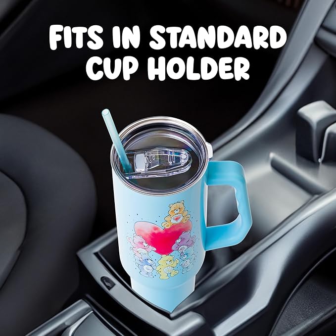 Silver Buffalo Care Bears Watercolor Featuring Tenderheart, Cheer, Grumpy, Funshine, Bedtime, Share Bear Double Walled Stainless Steel Tumbler w Handle & Straw, Fits in Standard Cup Holder, 40 Ounces