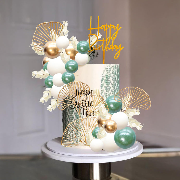 57Pcs Balls Cake Topper Boho Grass Cake topper Pearl Balls Acrylic Happy Birthday Cake Decorations for Wedding Baby Shower Birthday Boho Themed Party Supplies Pearl Green (57 Count)