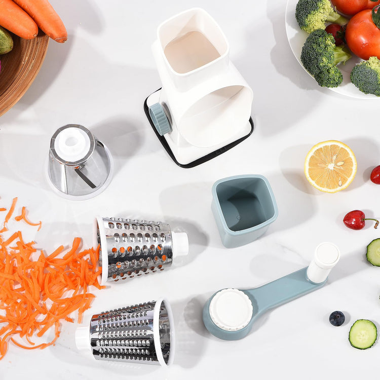 Rotary Cheese Grater with Handle Kitchen Shredder Slicer Grater Slicer Ice Shaver Cheese Vegetable Nuts Potato Zucchini Chocolate 3 Interchangeable Blades