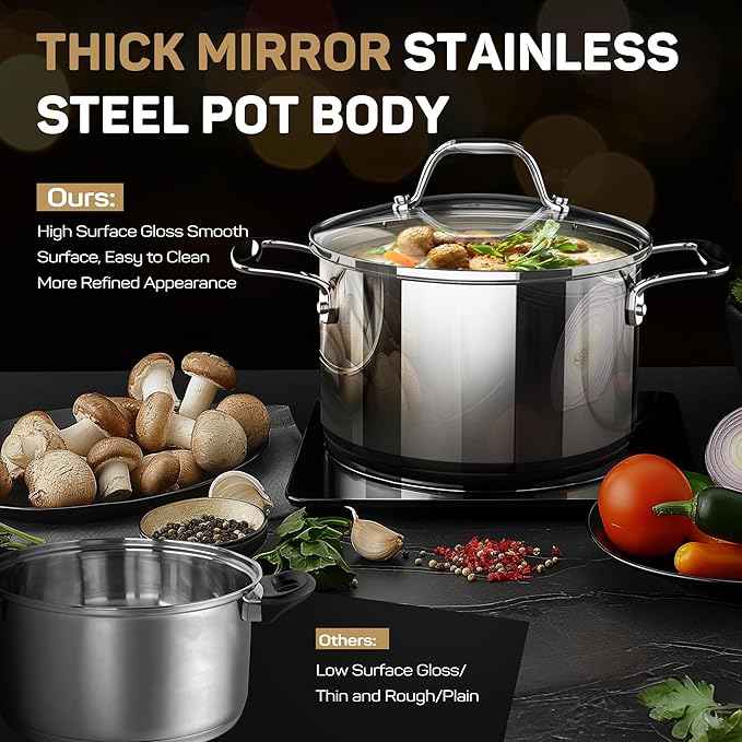 11-Piece Tri-Ply Stainless Steel Pots and Pans Set, 18/10 Stainless Steel Cookware Set with Steamer Insert, Induction Kitchen Cookware Sets with Cool Ergonomic Handles, Dishwasher, Oven Safe