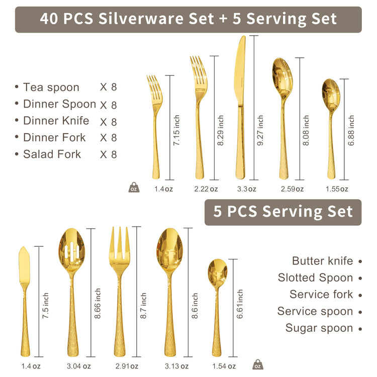45 Piece Gold Silverware Set with Serving Utensils (45 Count)
