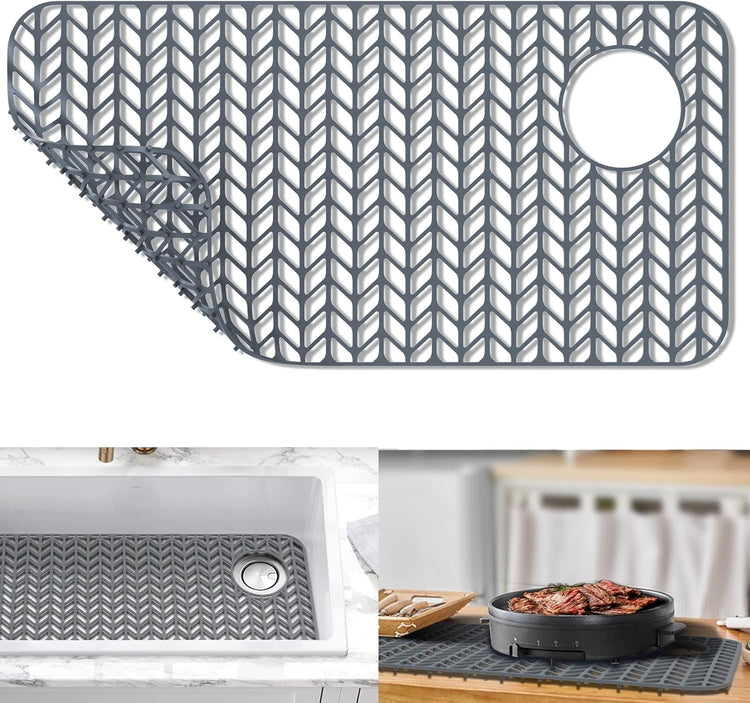 GUUKIN Sink Protectors for Kitchen Sink - 28.6"x 14.5" Silicone Kitchen Sink Mat Grid for Bottom of Farmhouse Stainless Steel Porcelain Sink with Right & Left Drain(Grey), 2814R