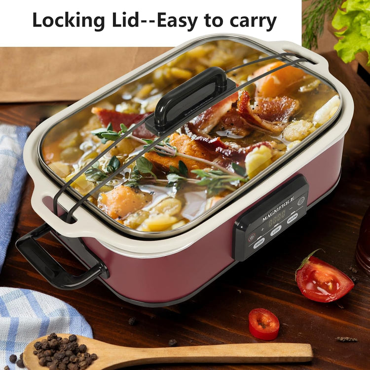 4 Quart Casserole Programmable Slow Cooker with Ceramic Baking Dish - Perfect Kitchen Small Appliance for Family Dinners, Oven Safe and Durable Bakeware for Lasagna, Roasts (Red)