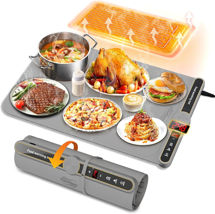 Electric Warming Mat for Food - Warming Tray with 9 Temperature Settings and 6 Hours Timer, Heating Mat for Food with Full Surface Heating for Buffets Party Gatherings and Daily Use(Gray)