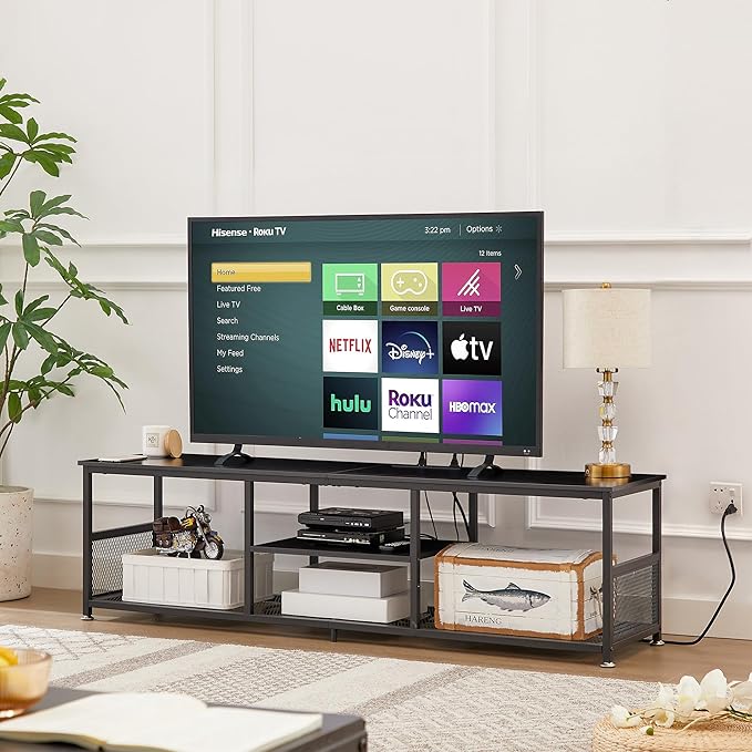 VECELO TV Stand with Power Outlets for Televisions up to 75Inch, 62" Media Entertainment Center with Charging Station 3-Tier Open Storage Shelves with Metal Frame for Living Room/Bedroom,Black