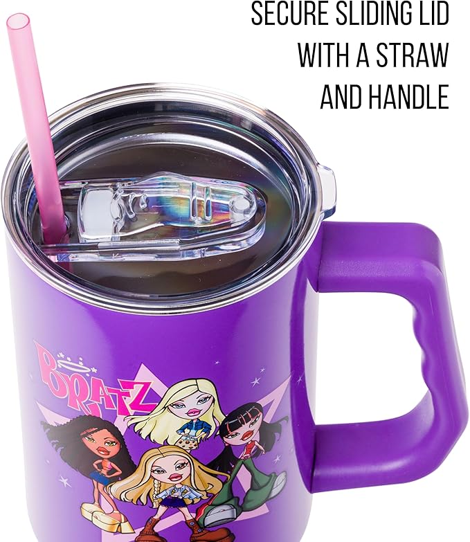 Silver Buffalo Bratz Featuring Cloe, Yasmin, Jade, and Sasha Double Walled Stainless Steel Tumbler with Handle and Straw, Fits in Standard Cup Holder, 40 Ounces