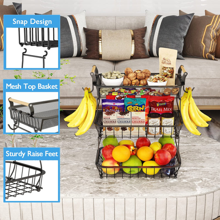 3 Tier Fruit Basket with 2 Banana Hangers