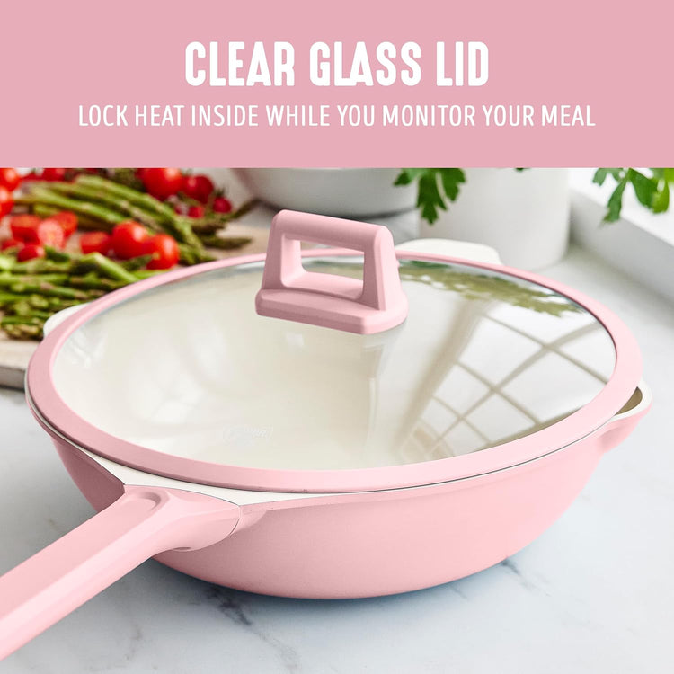 GreenLife Nonstick 12” (5QT) All in One Deep Skillet Wok with Lid, PFAS-Free Non-Toxic Ceramic Multi-Purpose Pan, Induction, All Stovetop, Egg, Stir Fry, Saute, Stay Cool Handle, Pink