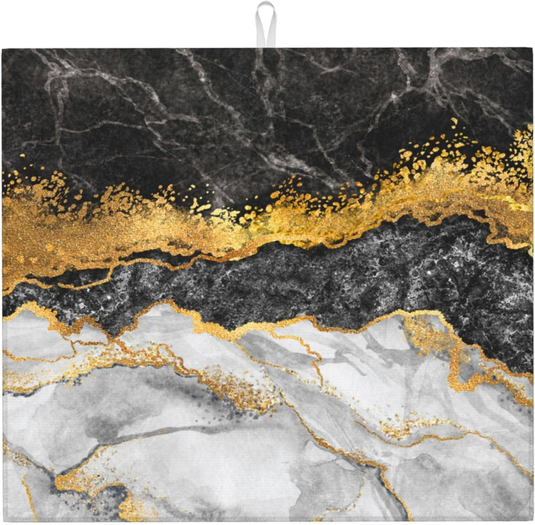 Black Gold Marble Dish Drying Mat for Kitchen Counter Gold and Black Grey Dish Drainer Rack Mats 16x18 Inches Absorbent Reversible Cute Drying Pad