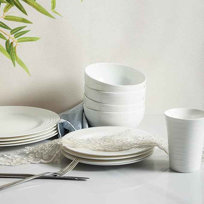 Stone Lain Eleanor Bone China 16 Piece Dinnerware, Plates and Bowls for 4, White Dish Collection with Mugs, Elegant Swirl Design, Microwave & Dishwasher Safe