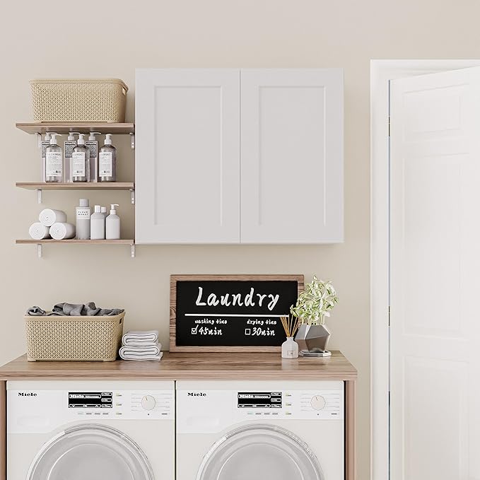 36 Inch Laundry Room Cabinets Wall Mounted, Solid Wood Over The Toilet Storage Cabinet, Bathroom Organizer Cabinets with 2 Shaker Door & Shelves, Easy to Assemble for Kitchen, Garage - White