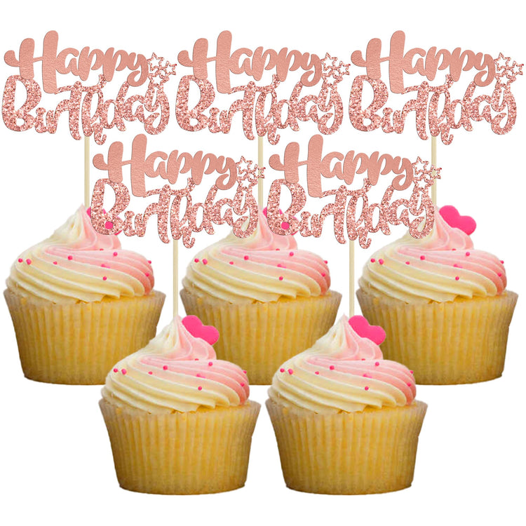 24Pcs Rose Gold Happy Birthday Cupcake Toppers for Baby Shower (24 Count)