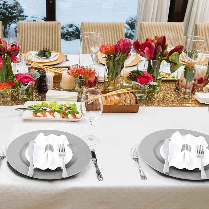 Tanlade 12 Pcs 13 Inch Charger Plates Bulk Round Wedding Chargers Plastic Dinner Plates for Table Setting Wedding Party Decoration (Silver White)