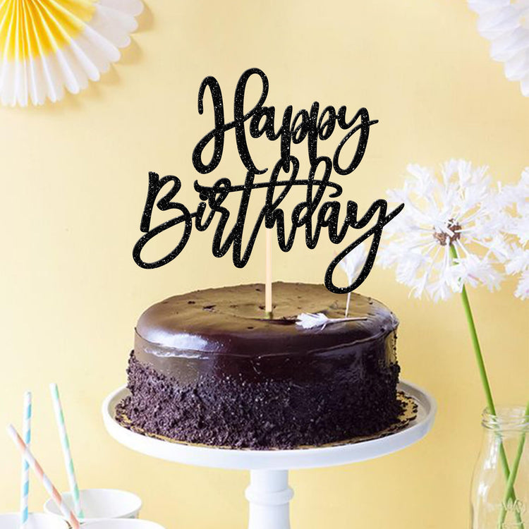 1 PCS Happy Birthday Cake Topper Glitter Happy Birthday Cake Pick for Celebrating Happy Birthday Anniversary Theme Party Cake Decorations Supplies Black