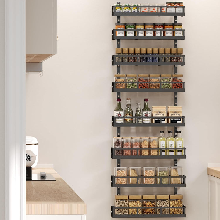 X-cosrack 8-Tier Adjustable Spice Rack โ Wall-Mounted Space-Saving Organizer with Mixed Baskets, Large-Capacity Seasoning Holder for Kitchen & Pantry (Black)