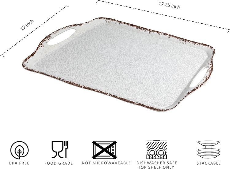 LEHAHA Vintage White Large Serving Tray with Handles, 17.25x12 inch, Set of 2 Melamine Platters for Serving Food, Turkey, Cookie, Rectangular Trays for Eating, Crackled Finish with Rustic Raised Rim.