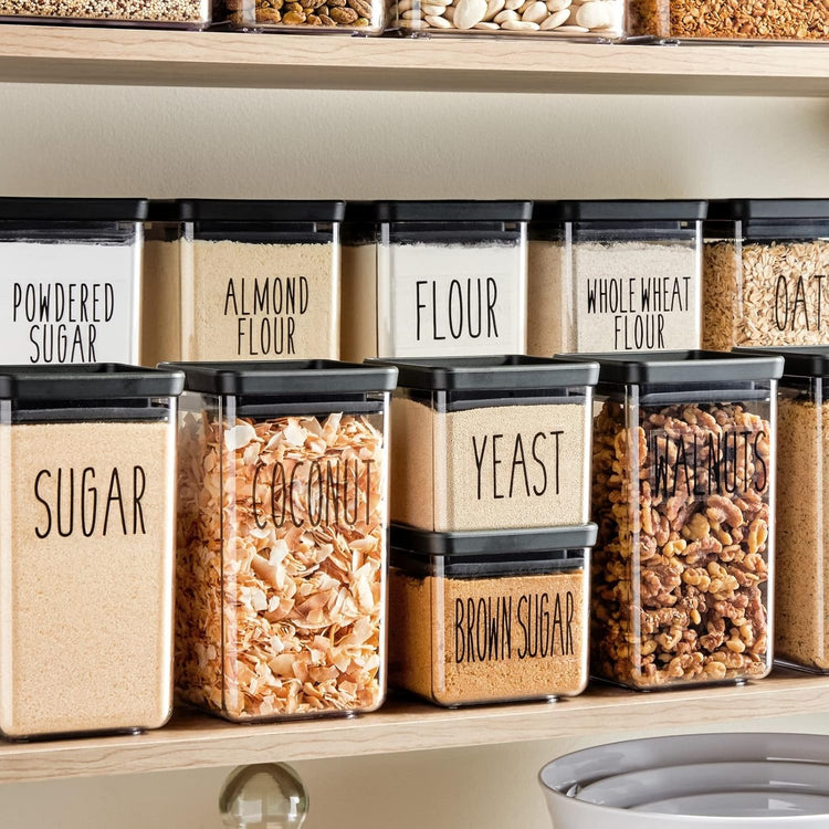 Talented Kitchen 136 Kitchen Sticker Labels for Food Containers - Varied Sizes, Black Text on Clear Background - Waterproof Labels for Jars & Storage