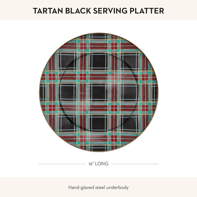 MACKENZIE-CHILDS Enamel Serving Platter, Decorative Serving Platter for Food, 16 Inches, Black Tartan