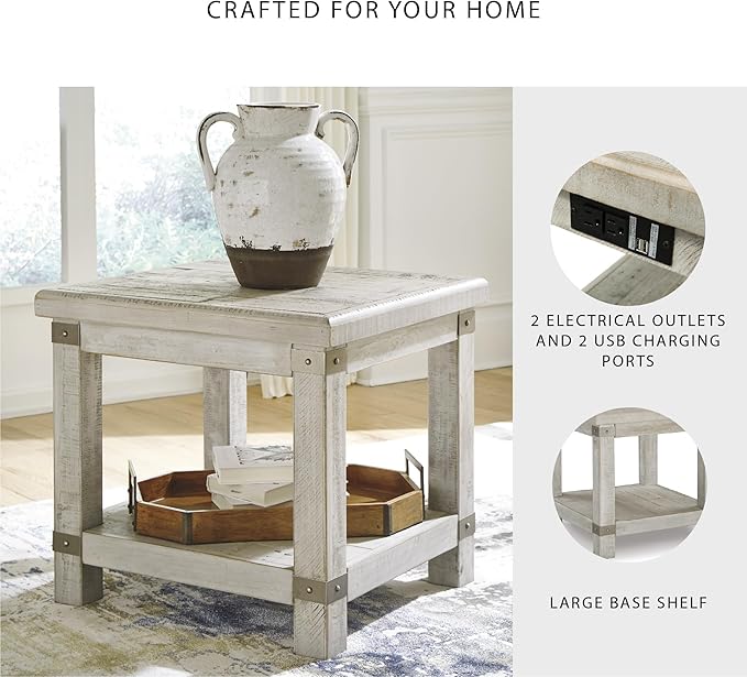 Signature Design by Ashley Carynhurst Farmhouse Rectangular End Table with Lower Shelf, 2 Electrical Outlets and 2 USB Ports, Wood, 24" High, Light Gray