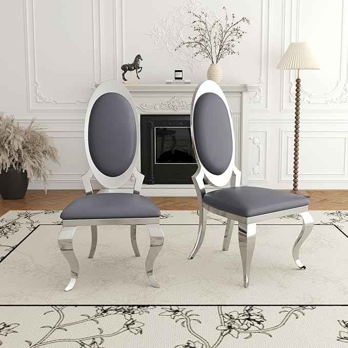 Modern Dining Chairs Set of 2, Luxury Velvet Upholstered Armless Dining Room Chair with Mirrored Stainless Steel Silver Legs, Mid Century Accent for Wedding Party Banquet Reception, Grey