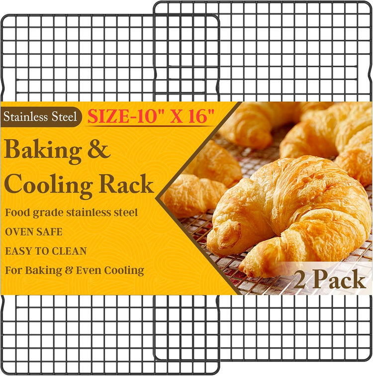 2PCS Cooling Racks for Cooking and Baking - 10" x 16"Heavy Duty Stainless Steel Wire Rack for Baking, Grilling, Roasting - Oven & Dishwasher Safe - Fits Half Sheet Pan(Black)