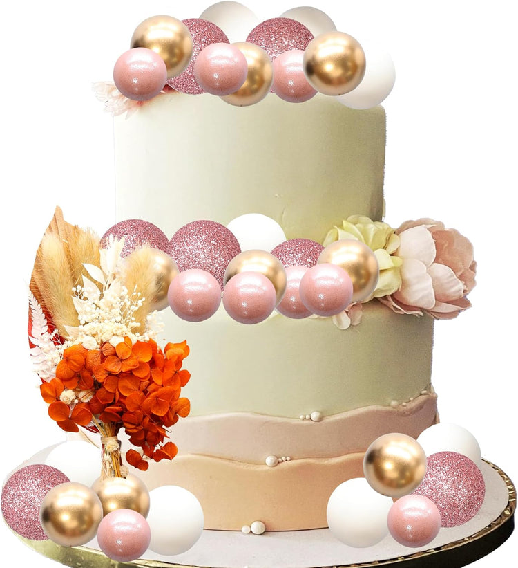 Gyufise 21 Pack Flower Boho Cake Topper Ball Cake Decorations Palm Leaves Plants Cake Decor for Girl Bohemian Princess Theme Wedding Baby Shower Birthday Party Supplies Rose Gold