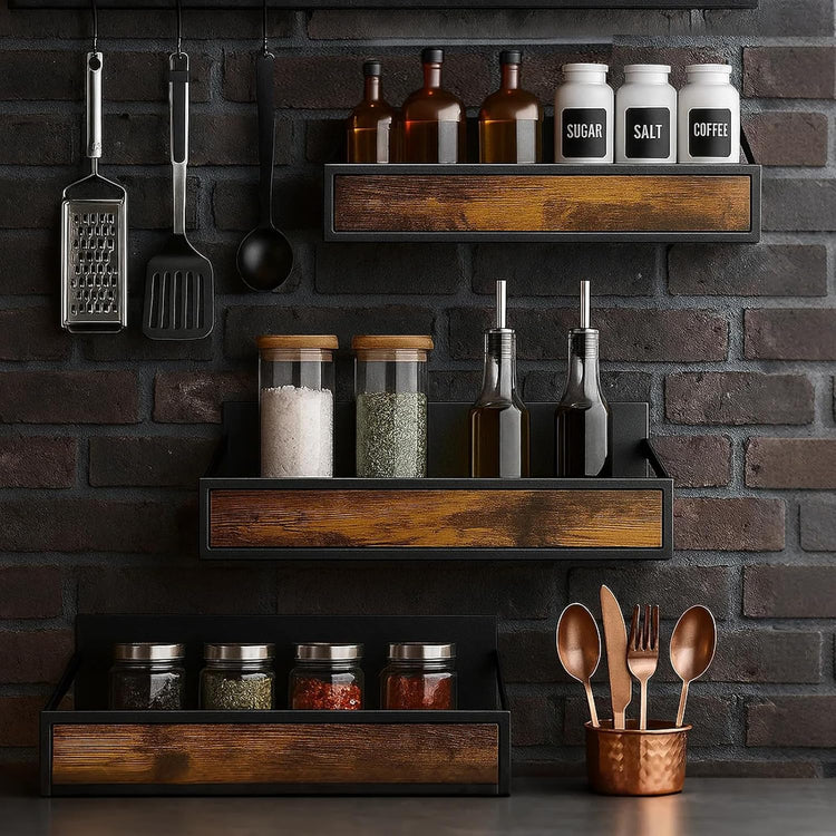 Spice Rack Wall Mount 3 Pack, Space-Saving Seasoning Organizer,Screw or Adhesive Hanging Spice Rack Organizer for Kitchen Cabinet and Wall (Engineered Wooden)