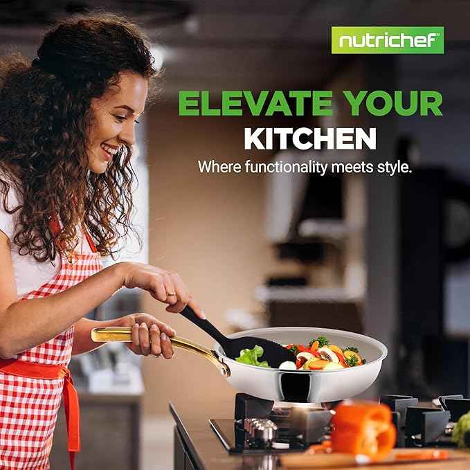 NutriChef 16-Piece Stainless Steel Kitchenware - Pots & Pans Set Clad Kitchen Cookware with Nylon Utensils, Fry Pan Interior Coated with Prestige Ceramic Non-Stick Coating, Stylish Kitchen Cookware