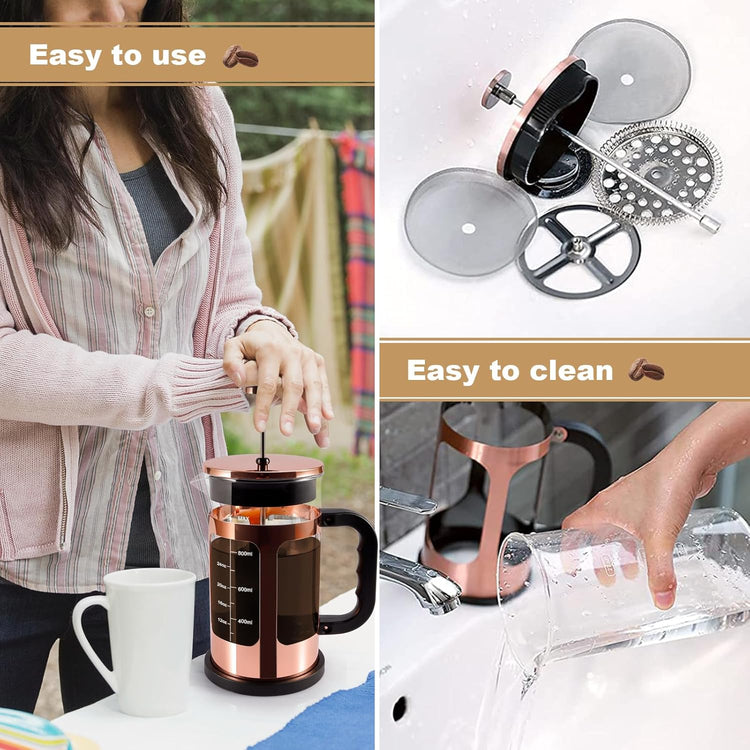 French Press Coffee Tea Maker, Upgrade Heat Cold Resistant Thickened Glass with 4 Level Stainless Steel Filtration System Brew Coffee & Tea, BPA Free, Large 1000ml 34oz,Rose Gold
