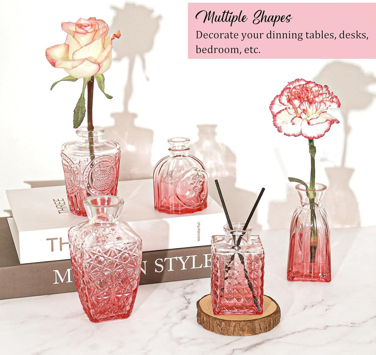 36Pcs Bud Vases Set Small Vintage Glass Bottles Pink Bud Vases in Bulk Multiple Shape Cute Glass Vases for Rustic Wedding Centerpieces Table Decorations and Home Decor(Pink)