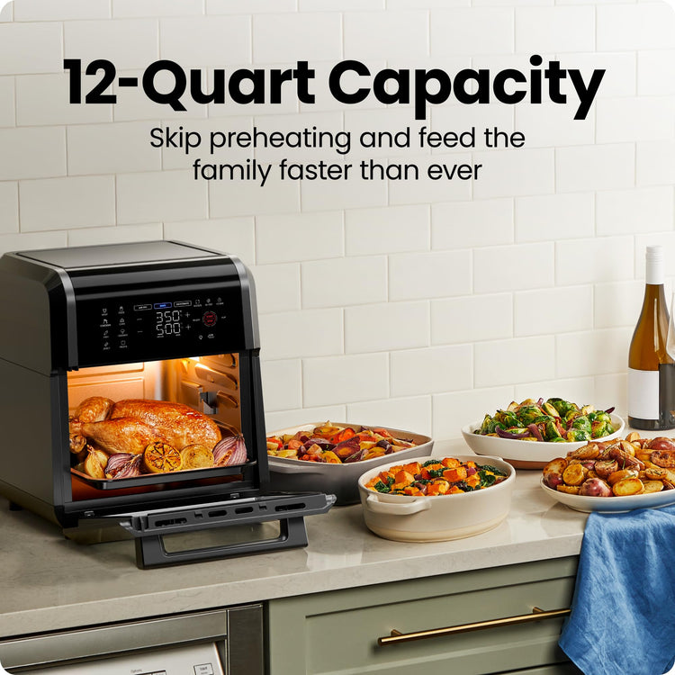 12-Quart 5-in-1 Air Fryer Oven with Digital Timer, Touchscreen, and 12 Presets - Family Size Countertop Convection Oven, Dishwasher-Safe Parts