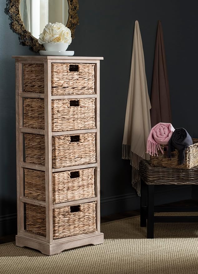 SAFAVIEH Home Collection Vedette Vintage White 5-Drawer Wicker Basket Storage Tower (Fully Assembled)
