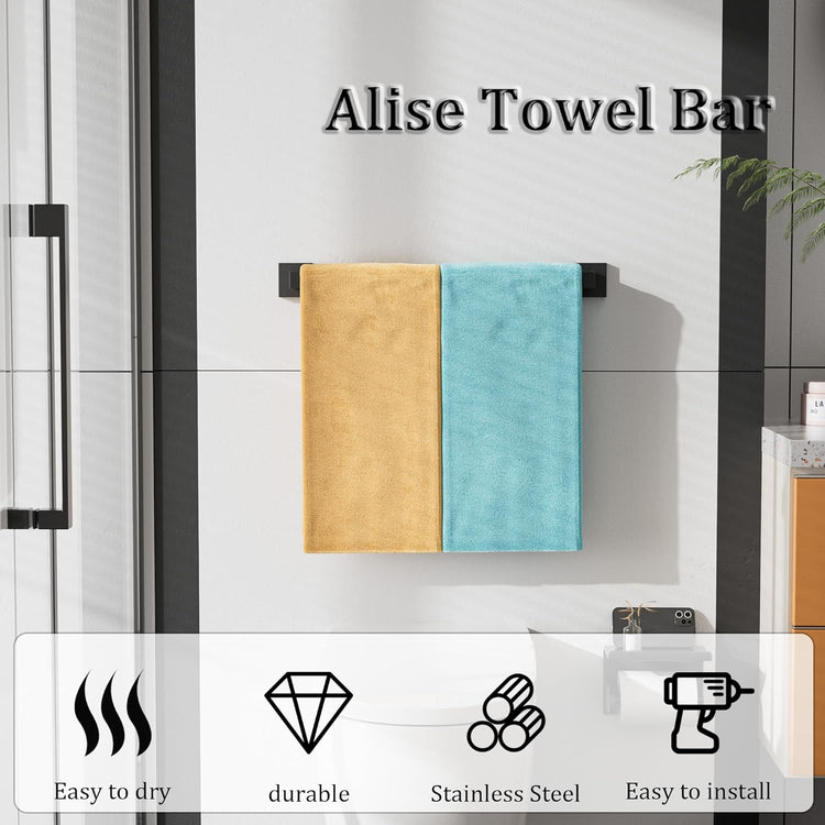 Alise Black Towel Bars,19.7 Inch Towel Holder Towel Racks for Bathroom and Lavatory,SUS304 Stainless Steel Hand Towel Hanger Rail Wall Mount,Useable Length 17.91 Inch Towel Bar, GYT050-B