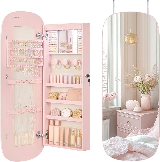 SONGMICS Jewelry Organizer, LED Jewelry Cabinet Wall/Door Mounted, Lockable Rounded Wide Mirror with Storage, Interior Mirror, 3.9 x 16.5 x 42.5 Inches, Jelly Pink Surface with Cream White Lining