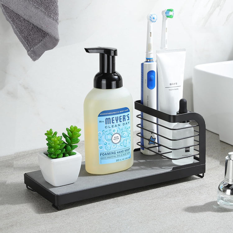 Wipe-Free Sink Organizer with Drying Stone, Instant Dry Sink Caddy Organizers, Kitchen Sponge Soap Holder Dispenser, Countertop Fast Drying Counter Tray Rack