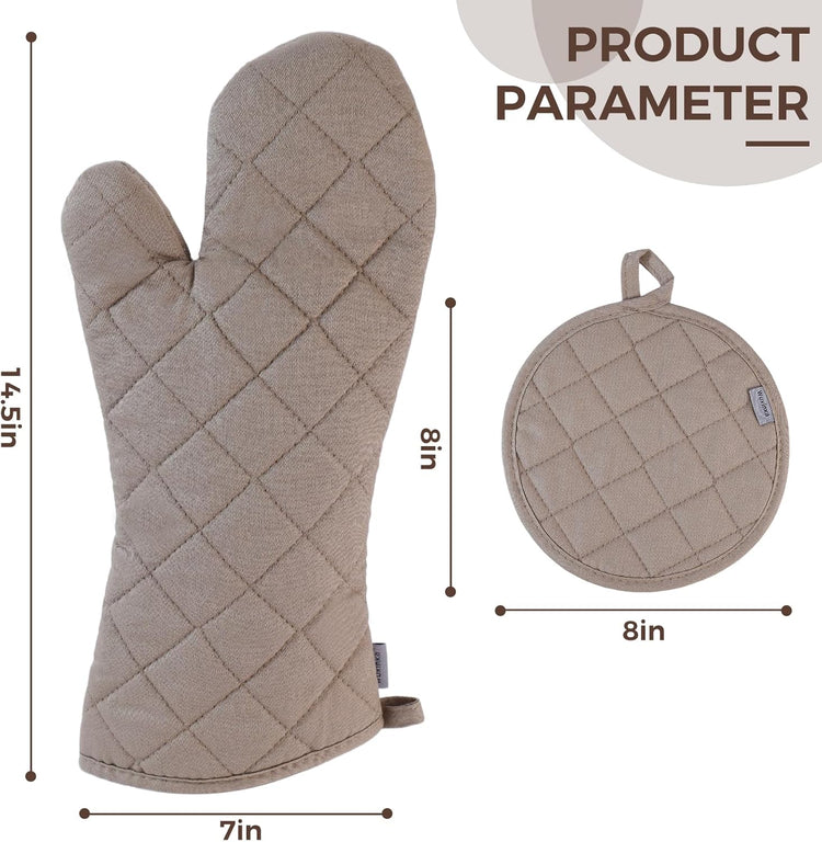 Set of 4 Oven Mitts and Pot Holder Heavy and Tall Kitchen Cotton Gloves Lined Towelcloth, Gloves Length 40cm, Pot Holder Width 20cm Diameter Round… (Light Brown)