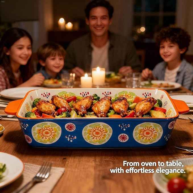 Ceramic Baking Dish Set, 2-Piece Stoneware Bakeware with Handles, 3QT & 1.2QT Casserole Dishes for Oven to Table, Microwave Dishwasher Safe, Lead-Free, Hand-Painted Bakeware -Ocean Blue