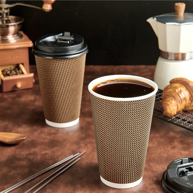 LITOPAK 80 Pack 16 oz Paper Coffee Cups, Insulated Ripple Wall Paper Cups with Lid and Straws, Three Layer Insulated Hot Beverage Cups for Hot Drinks, Coffee Cups for Parties, Picnic, and Travel
