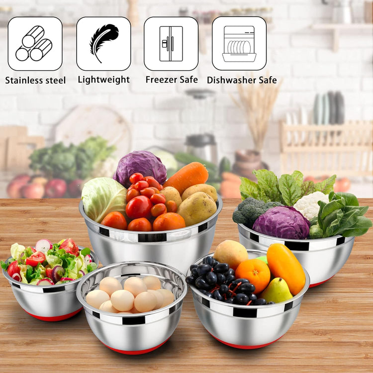 LIANYU Mixing Bowls Set of 6 with Airtight Lids, Size 7, 3.5, 2.5, 2, 1.5, 1QT Large Metal Stainless Steel Nesting Bowls for Cooking, Baking, Food Storage, Non-slip Bottom, Red