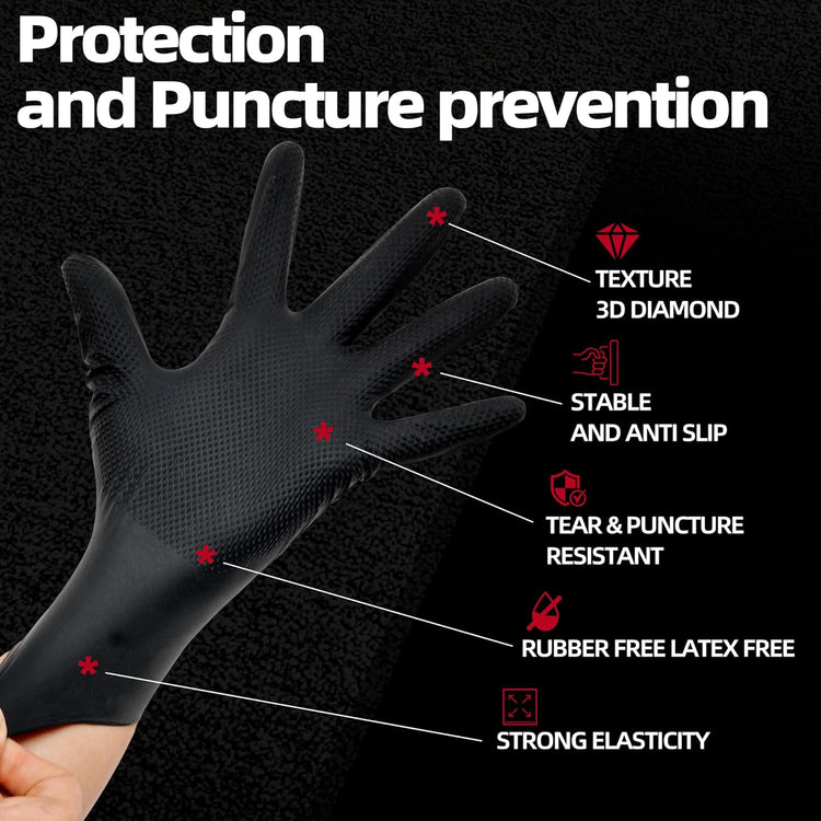 Jointown Basic Heavy Duty Nitrile Gloves, Mechanic Gloves 8 Mil Nitrile Disposable, with Raised Diamond Texture, Case of 100, Black, XLarge