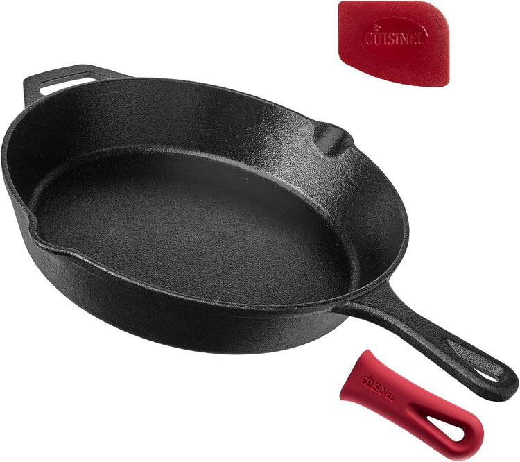Cuisinel Cast Iron Skillet - 12"-Inch Frying Pan with Assist Handle + Red Silicone Grip Cover - Pre-Seasoned Oven Safe Cookware - Indoor/Outdoor Use - Grill, Stovetop, Induction, BBQ and Firepit Safe - Nestoria